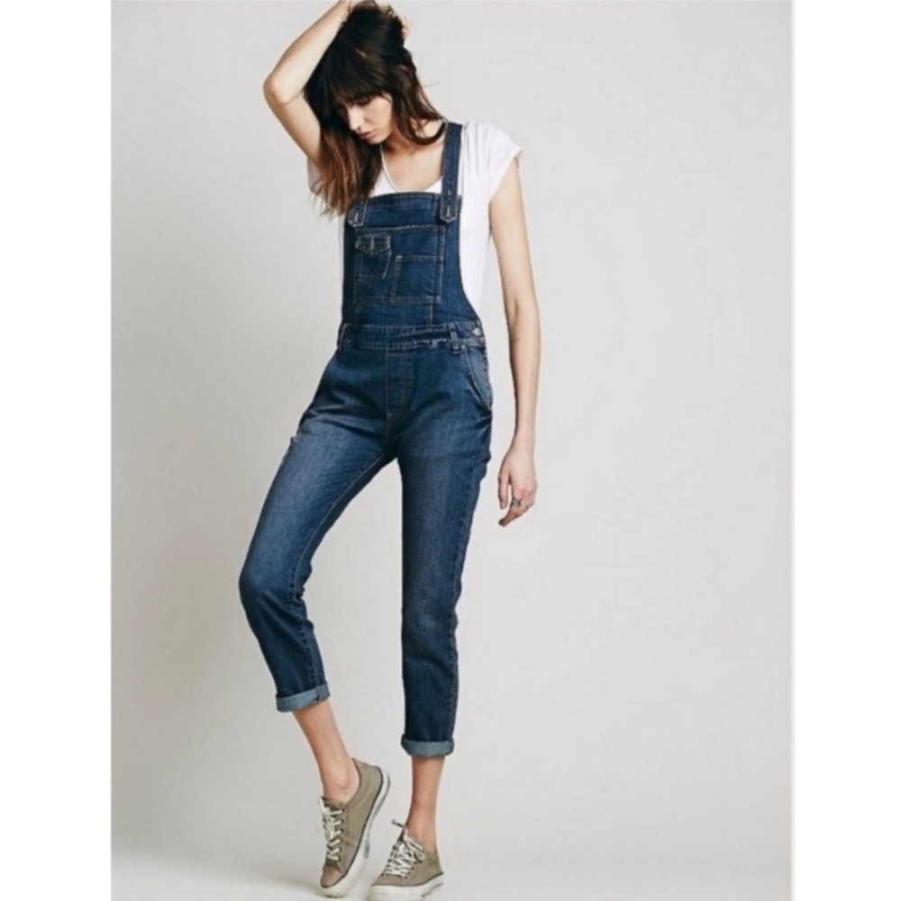 Free People | Denim Distressed Skinny Overalls 25